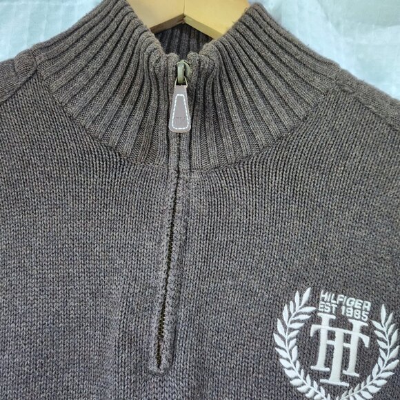 Tommy Hilfiger Sweater Size Medium Knit Brown 1/4 Zip Pullover Patched Elbows - Picture 4 of 10